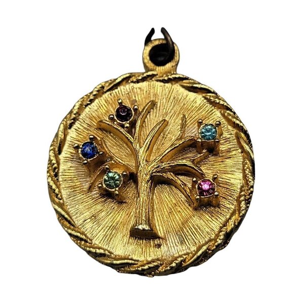 Rhinestone Tree Pendant Gold Tone Multicolor Stones Roped Frame - Picture 1 of 6